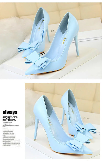 BIGTREE Red Blue Black Shoes Bowknot Sweet Woman Pumps Soft Leather Pointy Toe Women High Heels Stiletto Dress Office Lady Shoes