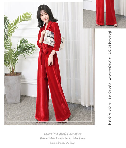 Nerazzurri Spring Autumn Long Soft Flowy Red Velvet Jumpsuit Women with Sleeves Sashes Maxi Black Wide Leg Floor Length Clothes Badiee Stylez
