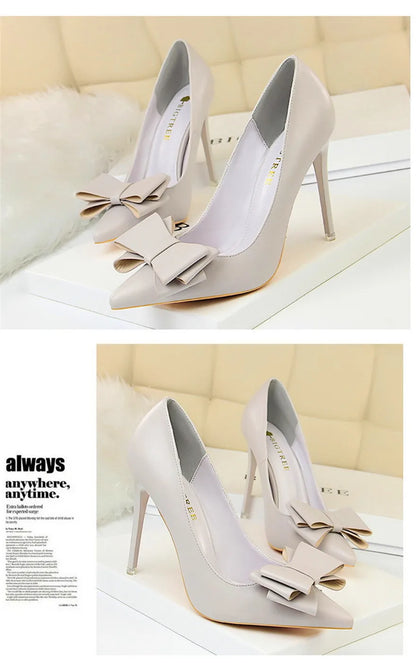 BIGTREE Red Blue Black Shoes Bowknot Sweet Woman Pumps Soft Leather Pointy Toe Women High Heels Stiletto Dress Office Lady Shoes
