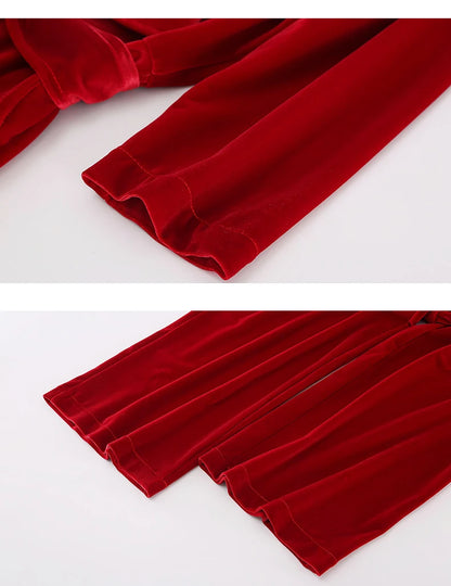 Nerazzurri Spring Autumn Long Soft Flowy Red Velvet Jumpsuit Women with Sleeves Sashes Maxi Black Wide Leg Floor Length Clothes Badiee Stylez