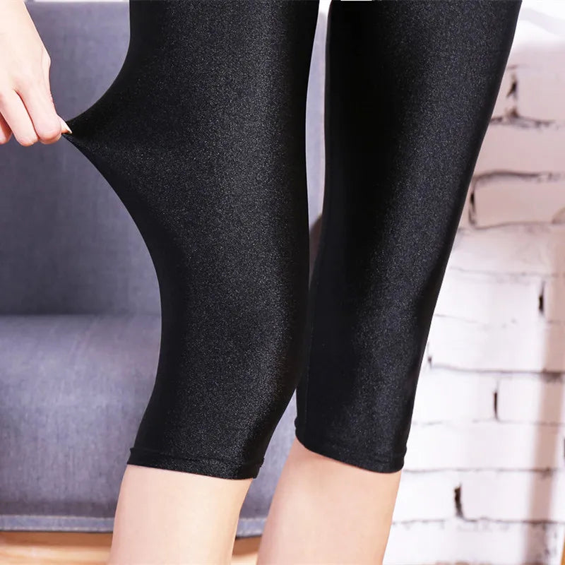 lady summer short pants women solid black shine breathable above knee short capris korean skinny neon pant 7 knee capris