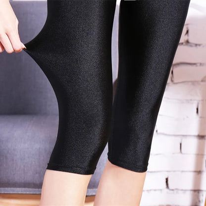 lady summer short pants women solid black shine breathable above knee short capris korean skinny neon pant 7 knee capris
