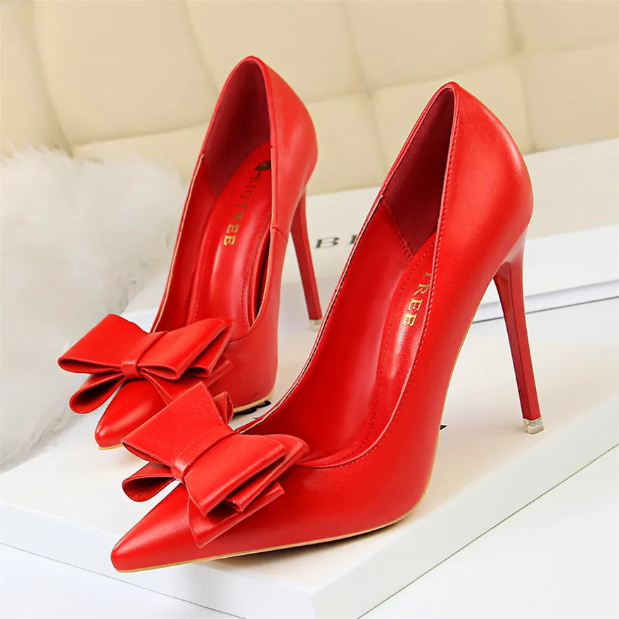 BIGTREE Red Blue Black Shoes Bowknot Sweet Woman Pumps Soft Leather Pointy Toe Women High Heels Stiletto Dress Office Lady Shoes Red