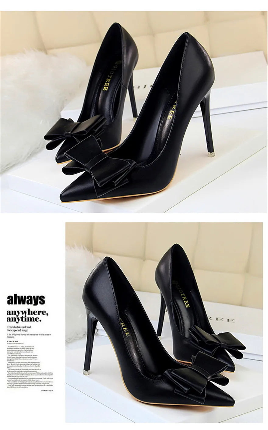 BIGTREE Red Blue Black Shoes Bowknot Sweet Woman Pumps Soft Leather Pointy Toe Women High Heels Stiletto Dress Office Lady Shoes