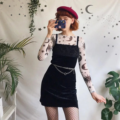 Sun Moon Printed Transparent Mesh Sexy T-Shirt Women O-Neck Long Sleeve Slim Basic Casual Female Tops 2023 Spring New