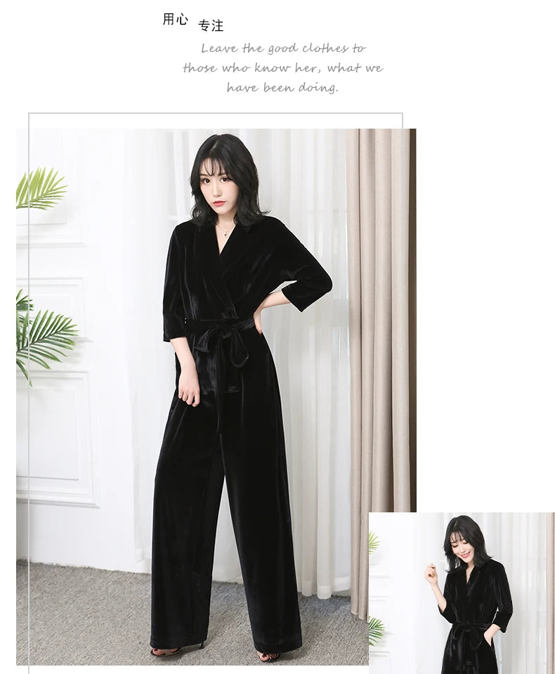 Nerazzurri Spring Autumn Long Soft Flowy Red Velvet Jumpsuit Women with Sleeves Sashes Maxi Black Wide Leg Floor Length Clothes Badiee Stylez