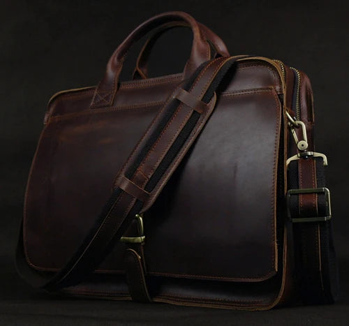 Luxury Genuine Leather Men Briefcase Business Bag Leather portfolio Laptop Bag Shoulder Messenger Bag male Document Office bag Brown