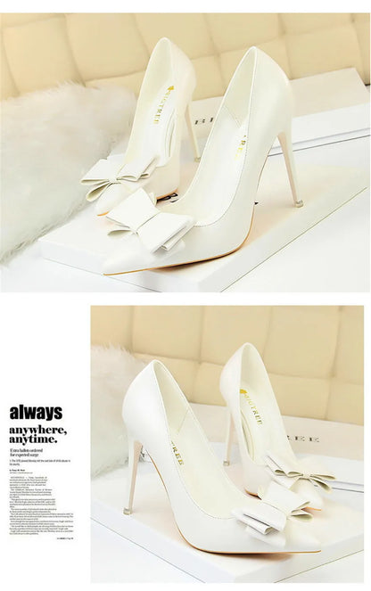 BIGTREE Red Blue Black Shoes Bowknot Sweet Woman Pumps Soft Leather Pointy Toe Women High Heels Stiletto Dress Office Lady Shoes