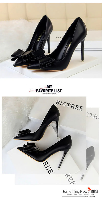 BIGTREE Red Blue Black Shoes Bowknot Sweet Woman Pumps Soft Leather Pointy Toe Women High Heels Stiletto Dress Office Lady Shoes