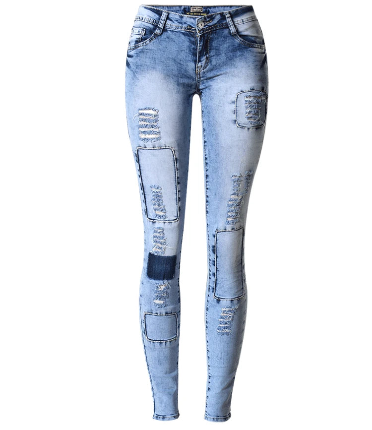 Summer Style Low Waist Sky Blue Patchwork Skinny Tights Women Pencil Jeans High Stretch Sexy Push Up Denim Women Fashion Jeans Sky Blue