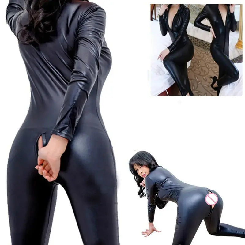 Sexy Women Bodysuits Patent Leather Game Uniforms Black Wet Look Snake Jumpsuit Latex Nightclub Costumes Badiee Stylez
