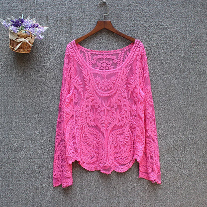Loose Tops Ladies Spring Summer Sexy Transparent Beach Cover Up Hollow Out Crochet Lace Shirt Women Long Sleeve Lace Blouses