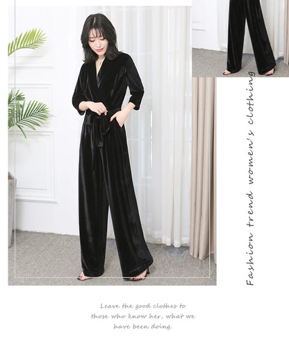 Nerazzurri Spring Autumn Long Soft Flowy Red Velvet Jumpsuit Women with Sleeves Sashes Maxi Black Wide Leg Floor Length Clothes Badiee Stylez