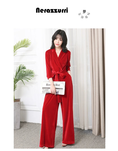 Nerazzurri Spring Autumn Long Soft Flowy Red Velvet Jumpsuit Women with Sleeves Sashes Maxi Black Wide Leg Floor Length Clothes Badiee Stylez