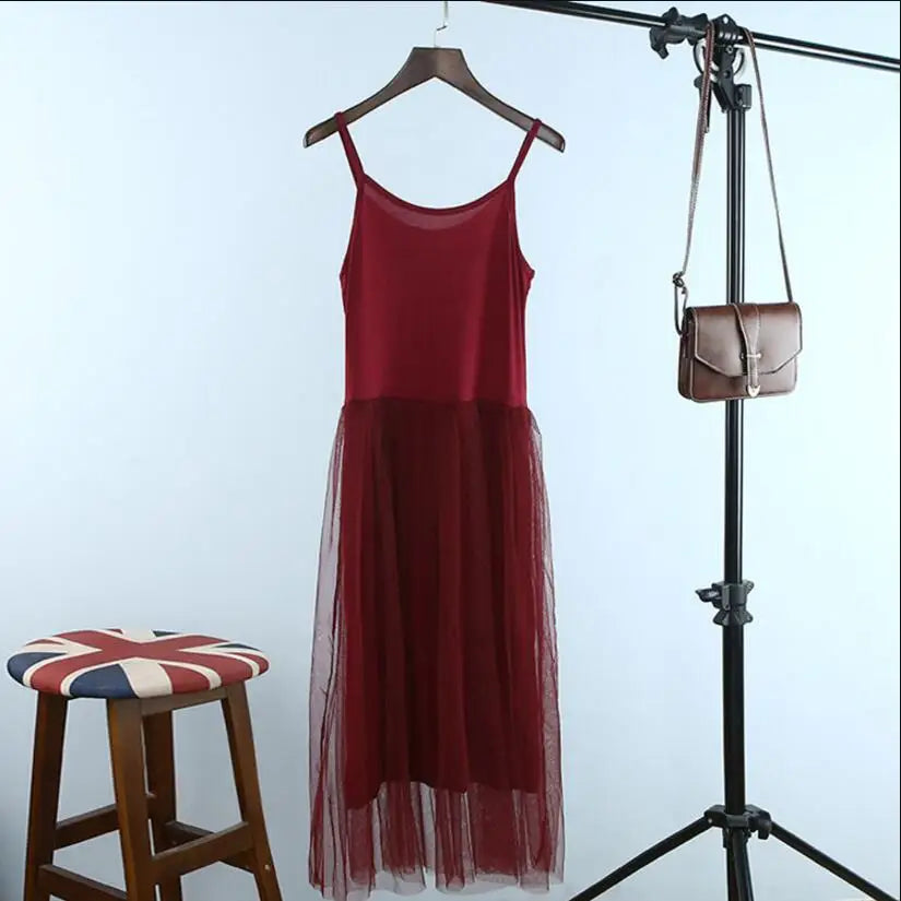 Spring and summer new Sexy Spaghetti Strap Patchwork Mesh Dress Women Gauze Lace Tank Casual Dresses Sundress Party Vestidos Burgundy One Size