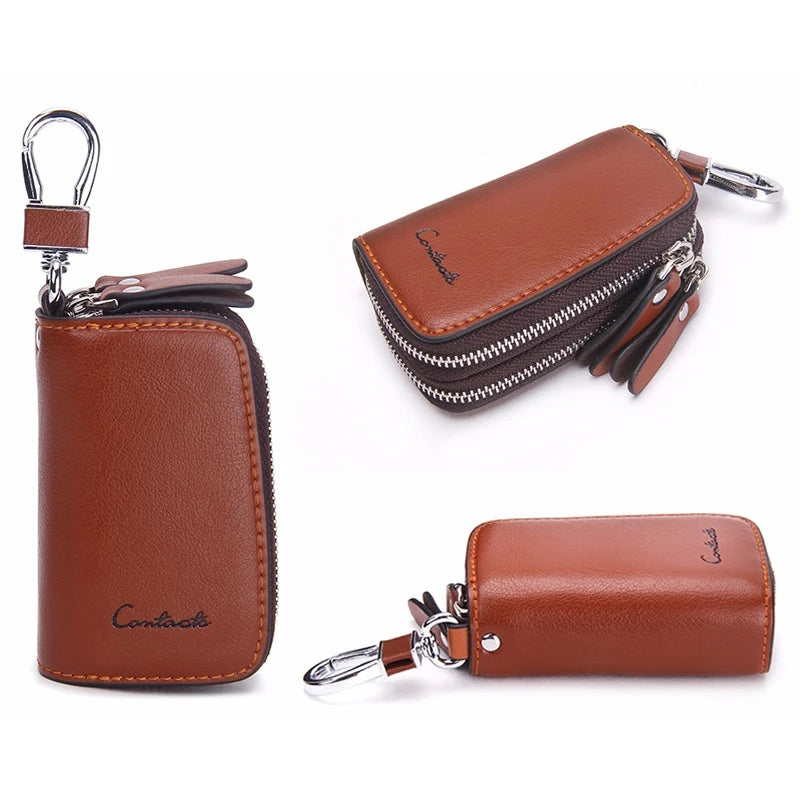 CONTACT'S Classic New Double Zip Men's Genuine Cow Leather Car Key Holder Multifunction Housekeeper High Class Motor Key Case