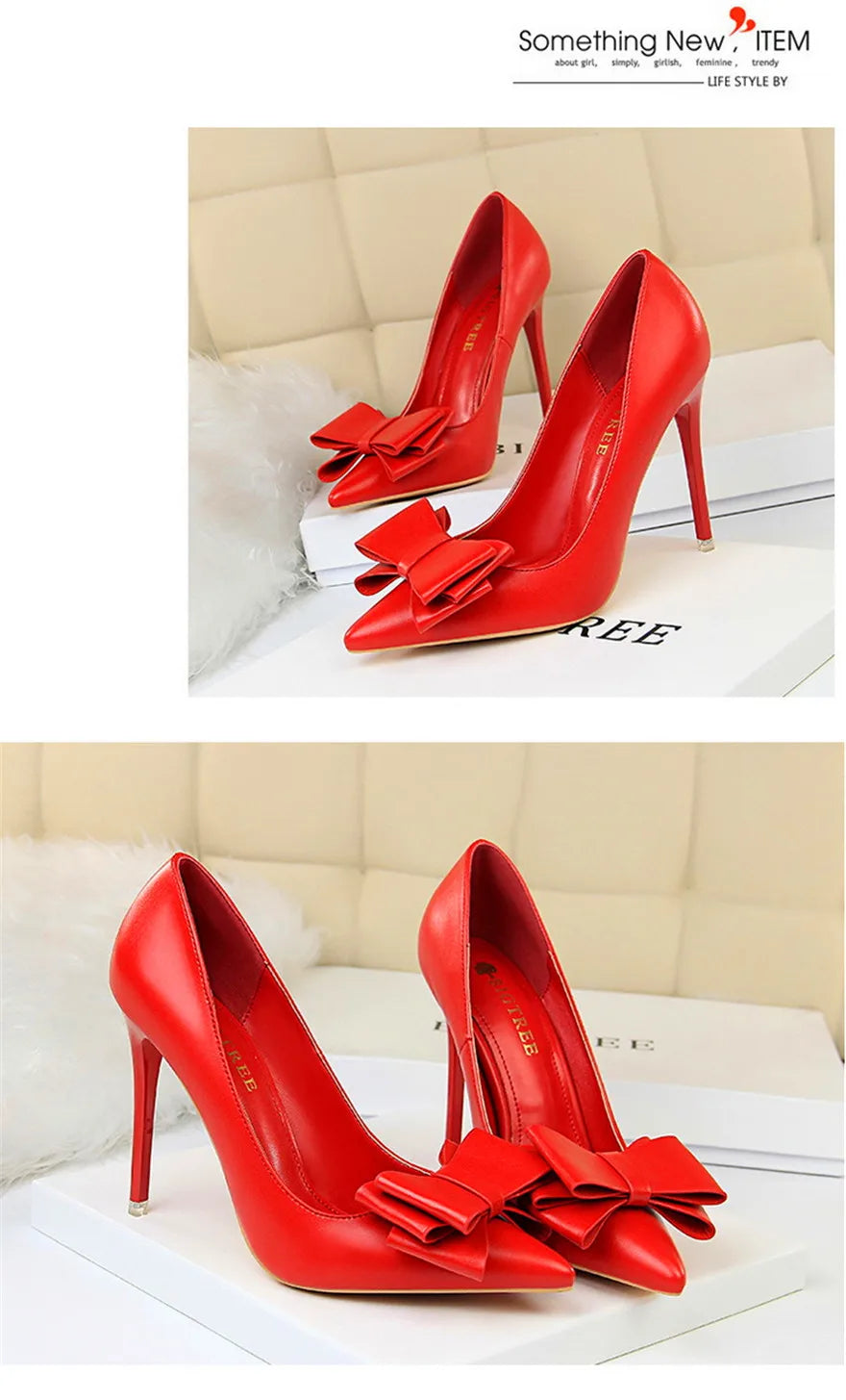 BIGTREE Red Blue Black Shoes Bowknot Sweet Woman Pumps Soft Leather Pointy Toe Women High Heels Stiletto Dress Office Lady Shoes