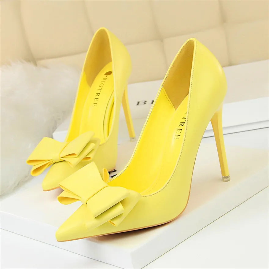 BIGTREE Red Blue Black Shoes Bowknot Sweet Woman Pumps Soft Leather Pointy Toe Women High Heels Stiletto Dress Office Lady Shoes Yellow