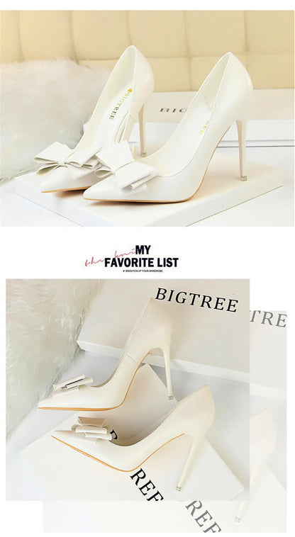 BIGTREE Red Blue Black Shoes Bowknot Sweet Woman Pumps Soft Leather Pointy Toe Women High Heels Stiletto Dress Office Lady Shoes