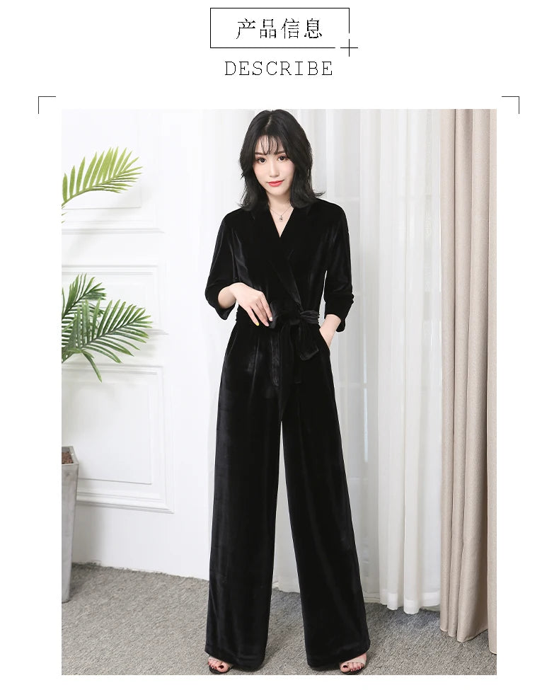 Nerazzurri Spring Autumn Long Soft Flowy Red Velvet Jumpsuit Women with Sleeves Sashes Maxi Black Wide Leg Floor Length Clothes Badiee Stylez