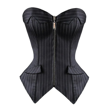 Sapubonva Sexy Black Striped Overbust Corset Office Lady Corselet Sexy Women Zip Corset Bustier Strapless Tops Costume Fashion Badiee Stylez