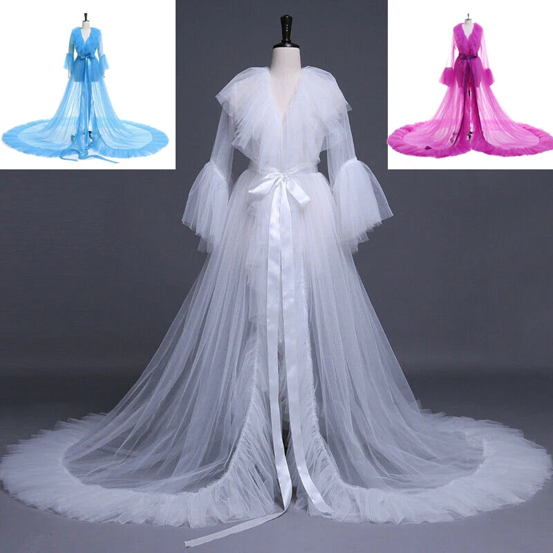 Combhasaki Women Lingerie Lace Sheer Mesh Tulle Perspective V neck layered Ruffle Maxi Floor Long Bath Robe Gown Sleepwear Dress