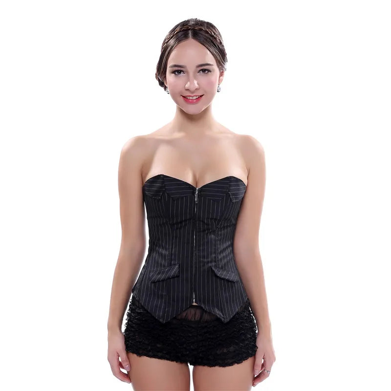 Sapubonva Sexy Black Striped Overbust Corset Office Lady Corselet Sexy Women Zip Corset Bustier Strapless Tops Costume Fashion