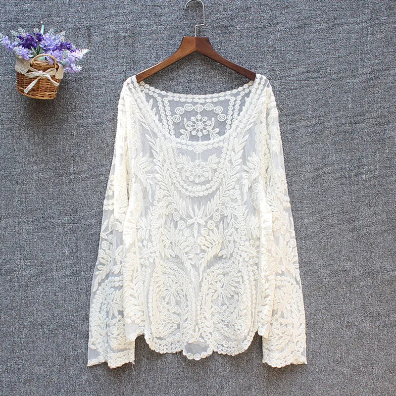Loose Tops Ladies Spring Summer Sexy Transparent Beach Cover Up Hollow Out Crochet Lace Shirt Women Long Sleeve Lace Blouses