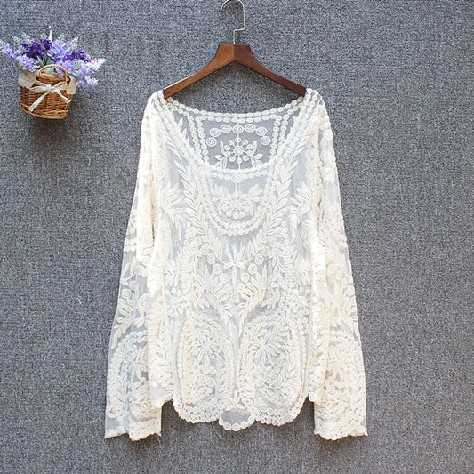 Loose Tops Ladies Spring Summer Sexy Transparent Beach Cover Up Hollow Out Crochet Lace Shirt Women Long Sleeve Lace Blouses