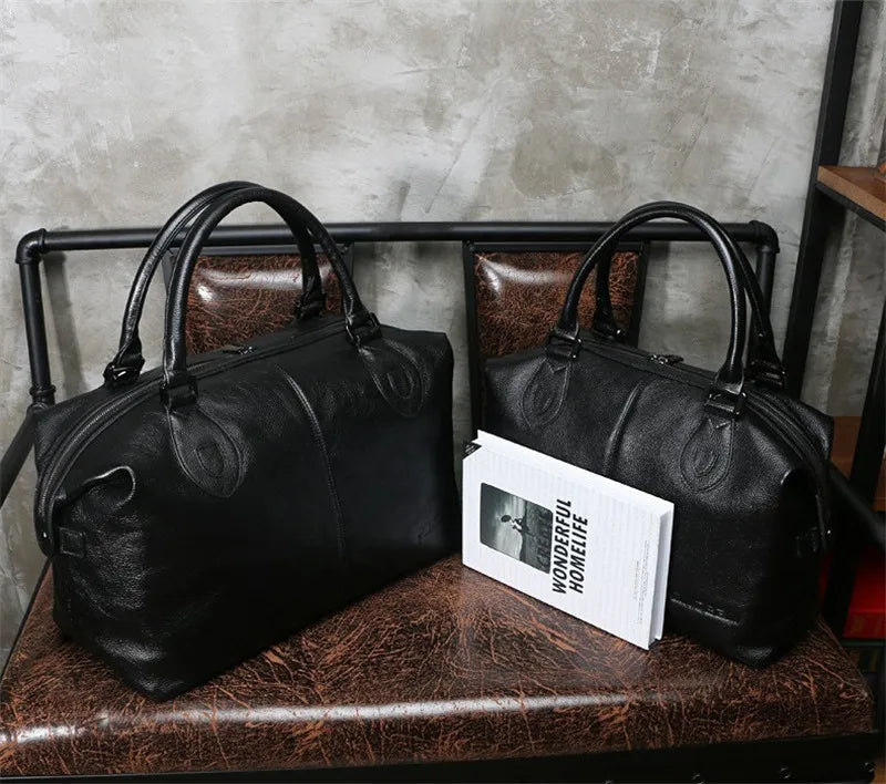 Fashion Genuine Leather Travel Bag Men's Luggage Bags Large Male Duffle Bag weekend Women Shoulder Bag Big Tote Handbag Black