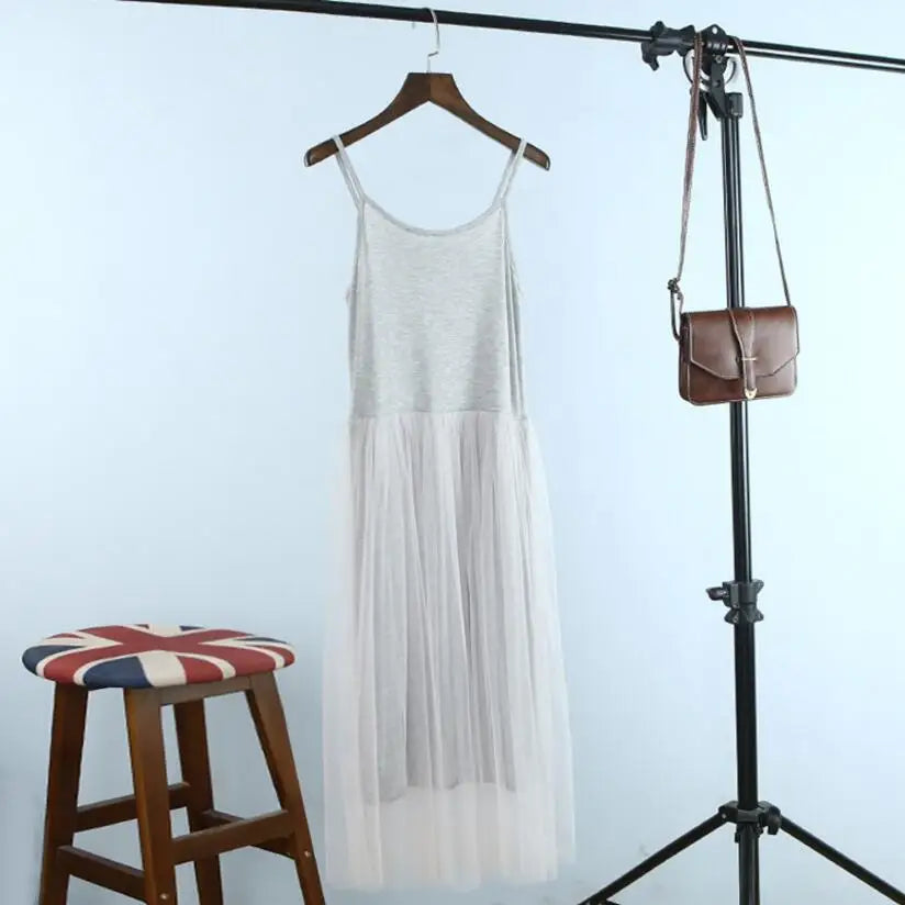 Spring and summer new Sexy Spaghetti Strap Patchwork Mesh Dress Women Gauze Lace Tank Casual Dresses Sundress Party Vestidos GRAY One Size