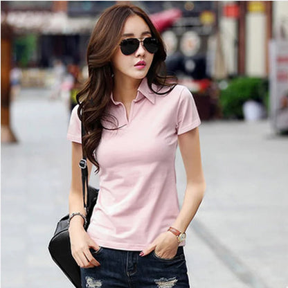 95% Cotton T shirt Summer Polo Shirt Women Short Sleeve Solid Slim Polos Mujer Shirts Tops Fashion Plus Size Polo Femme Pink