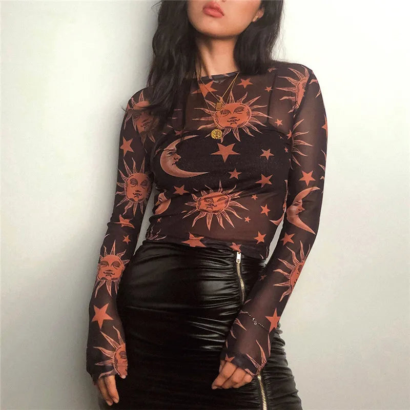 Sun Moon Printed Transparent Mesh Sexy T-Shirt Women O-Neck Long Sleeve Slim Basic Casual Female Tops 2023 Spring New