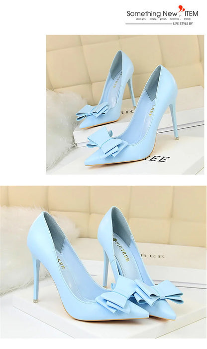 BIGTREE Red Blue Black Shoes Bowknot Sweet Woman Pumps Soft Leather Pointy Toe Women High Heels Stiletto Dress Office Lady Shoes