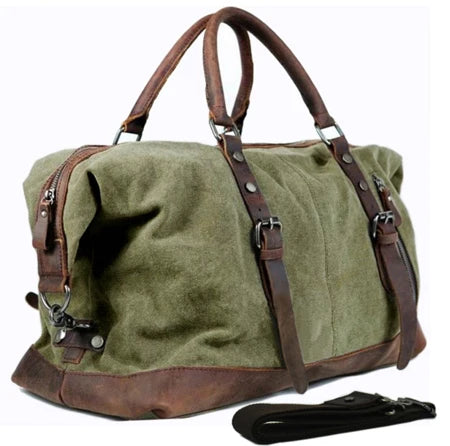 Vintage military Canvas Leather men travel bags Carry on Luggage bags Men Duffel bags travel tote large weekend Bag Overnight army green