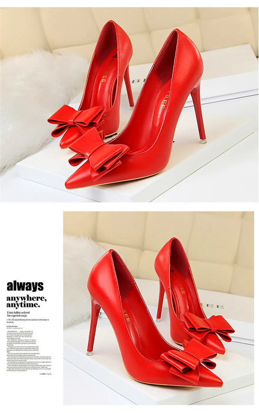 BIGTREE Red Blue Black Shoes Bowknot Sweet Woman Pumps Soft Leather Pointy Toe Women High Heels Stiletto Dress Office Lady Shoes