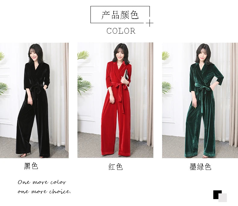 Nerazzurri Spring Autumn Long Soft Flowy Red Velvet Jumpsuit Women with Sleeves Sashes Maxi Black Wide Leg Floor Length Clothes Badiee Stylez