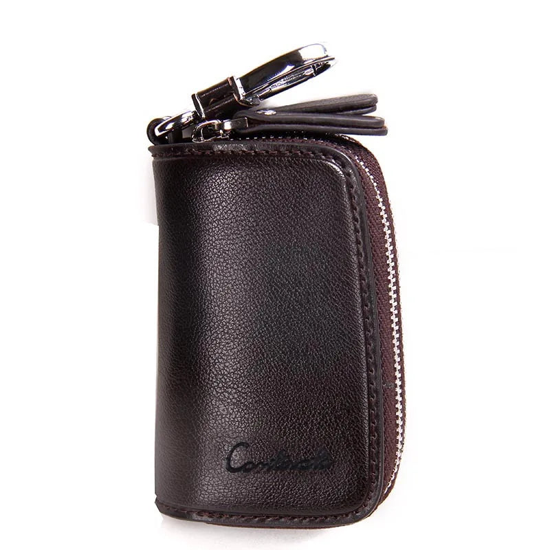 CONTACT'S Classic New Double Zip Men's Genuine Cow Leather Car Key Holder Multifunction Housekeeper High Class Motor Key Case coffee CHINA