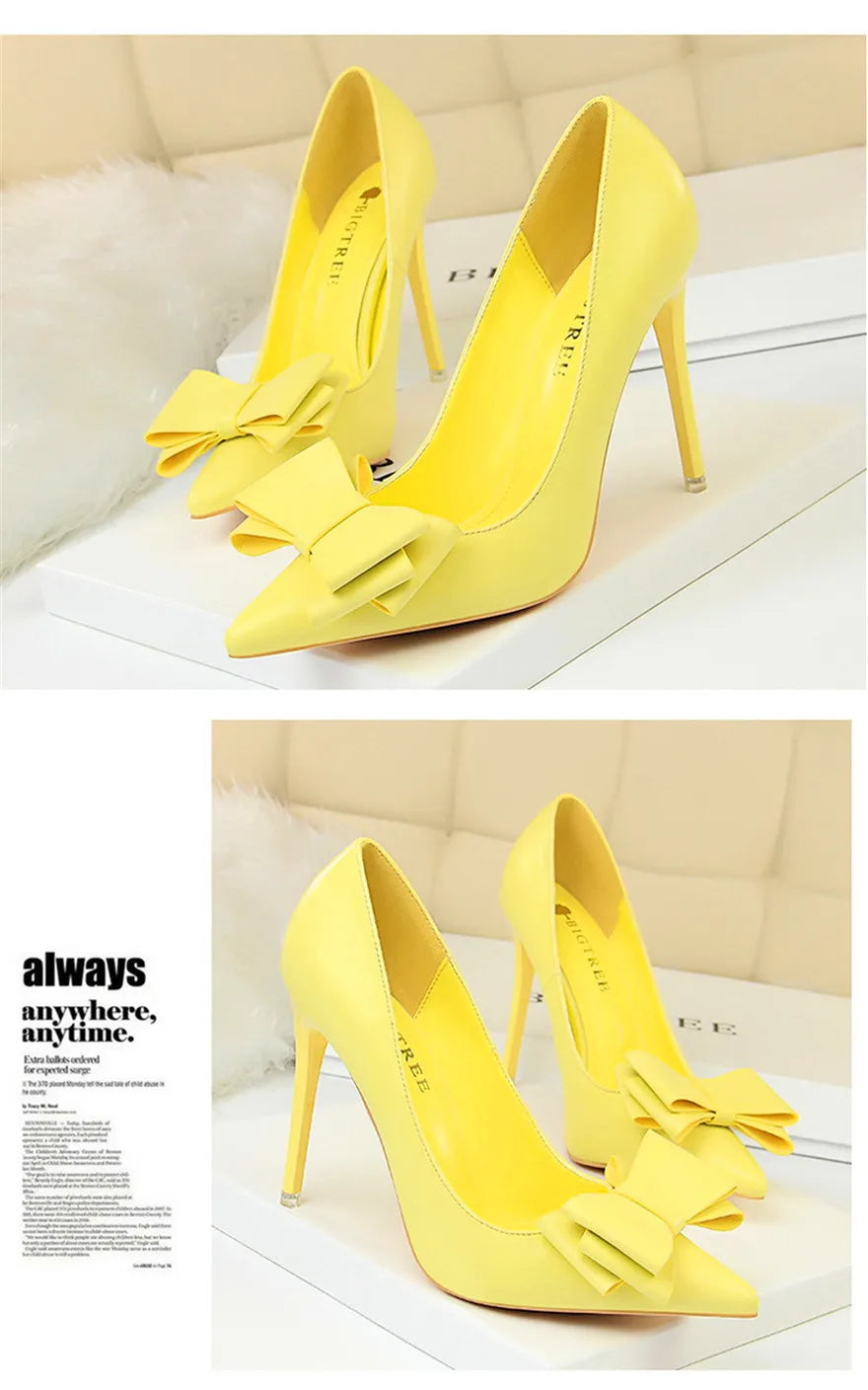 BIGTREE Red Blue Black Shoes Bowknot Sweet Woman Pumps Soft Leather Pointy Toe Women High Heels Stiletto Dress Office Lady Shoes