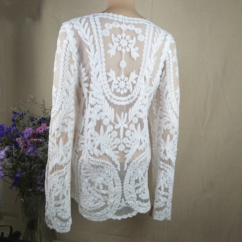 Loose Tops Ladies Spring Summer Sexy Transparent Beach Cover Up Hollow Out Crochet Lace Shirt Women Long Sleeve Lace Blouses