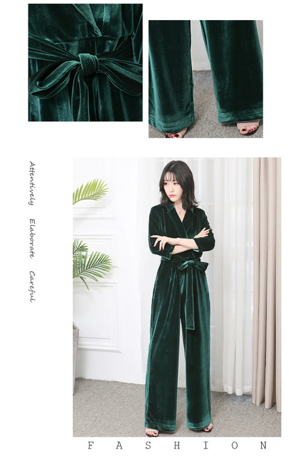 Nerazzurri Spring Autumn Long Soft Flowy Red Velvet Jumpsuit Women with Sleeves Sashes Maxi Black Wide Leg Floor Length Clothes Badiee Stylez