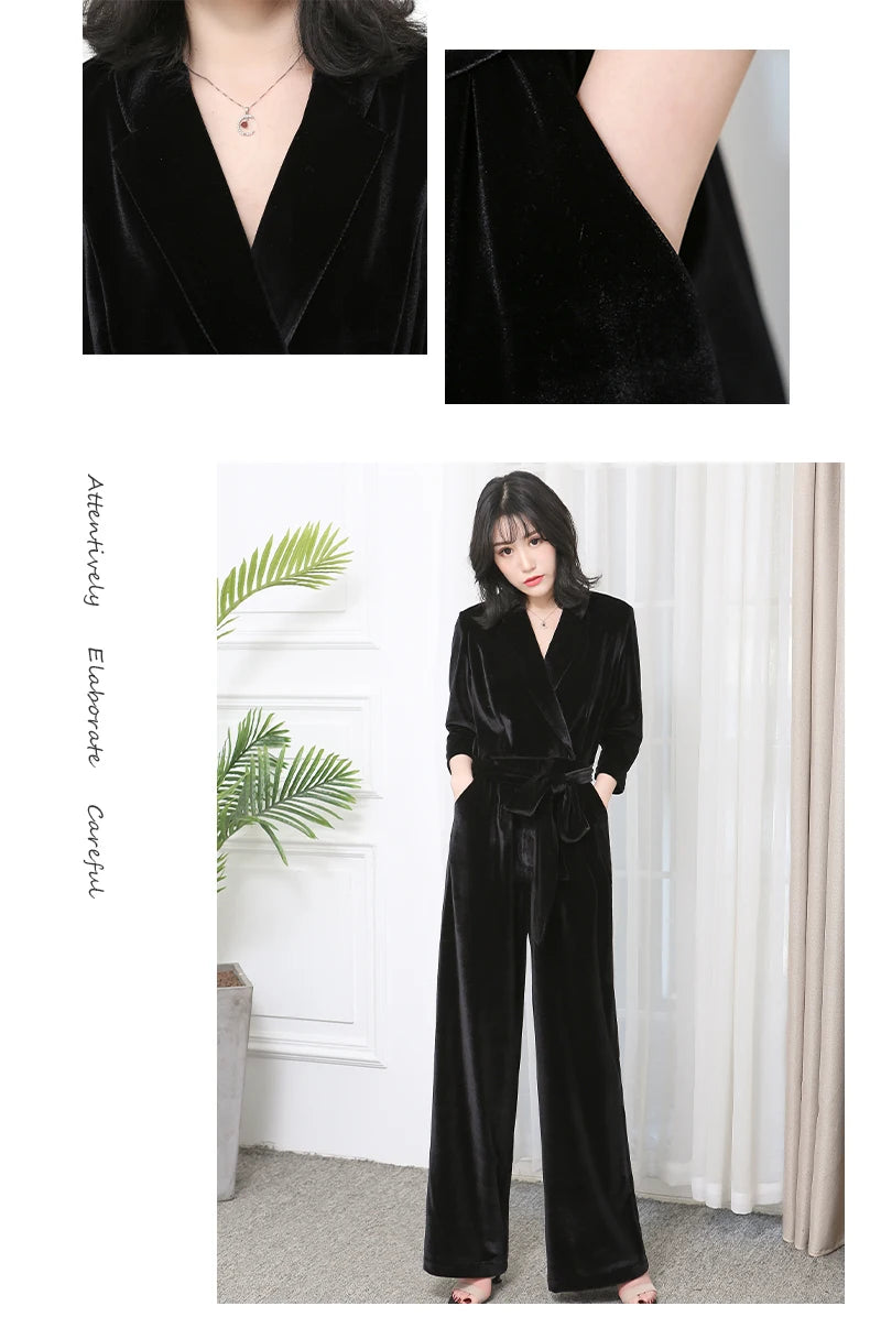 Nerazzurri Spring Autumn Long Soft Flowy Red Velvet Jumpsuit Women with Sleeves Sashes Maxi Black Wide Leg Floor Length Clothes Badiee Stylez