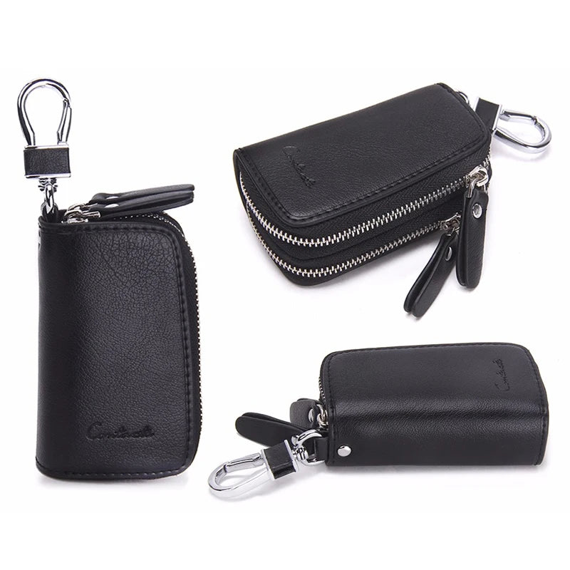 CONTACT'S Classic New Double Zip Men's Genuine Cow Leather Car Key Holder Multifunction Housekeeper High Class Motor Key Case