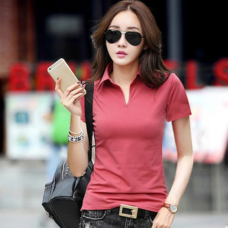 95% Cotton T shirt Summer Polo Shirt Women Short Sleeve Solid Slim Polos Mujer Shirts Tops Fashion Plus Size Polo Femme Wine Red