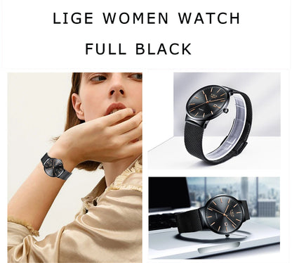 LIGE Fashion Luxury Womens Watch Ultra-thin Steel Mesh Strap Quartz Wristwatch Women Clock Casual Waterproof Watches Reloj Mujer