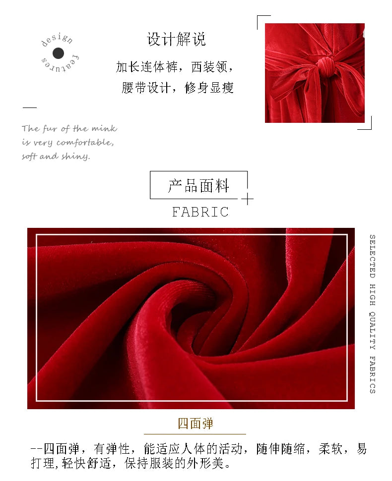 Nerazzurri Spring Autumn Long Soft Flowy Red Velvet Jumpsuit Women with Sleeves Sashes Maxi Black Wide Leg Floor Length Clothes Badiee Stylez