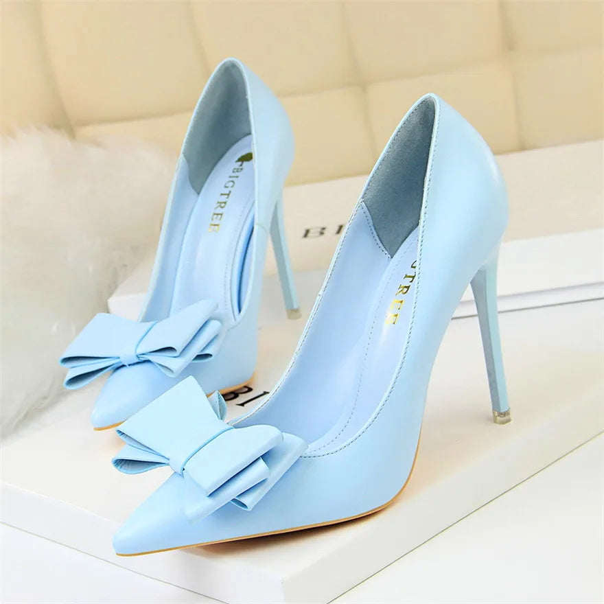 BIGTREE Red Blue Black Shoes Bowknot Sweet Woman Pumps Soft Leather Pointy Toe Women High Heels Stiletto Dress Office Lady Shoes Blue