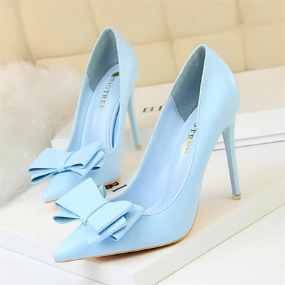 BIGTREE Red Blue Black Shoes Bowknot Sweet Woman Pumps Soft Leather Pointy Toe Women High Heels Stiletto Dress Office Lady Shoes Blue