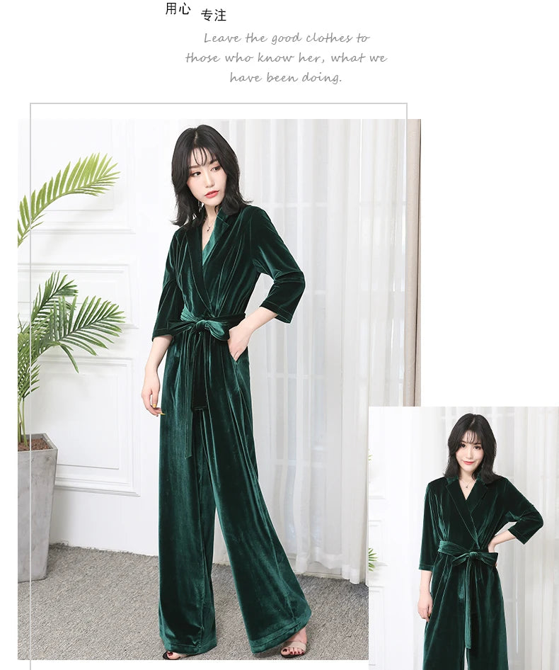 Nerazzurri Spring Autumn Long Soft Flowy Red Velvet Jumpsuit Women with Sleeves Sashes Maxi Black Wide Leg Floor Length Clothes Badiee Stylez