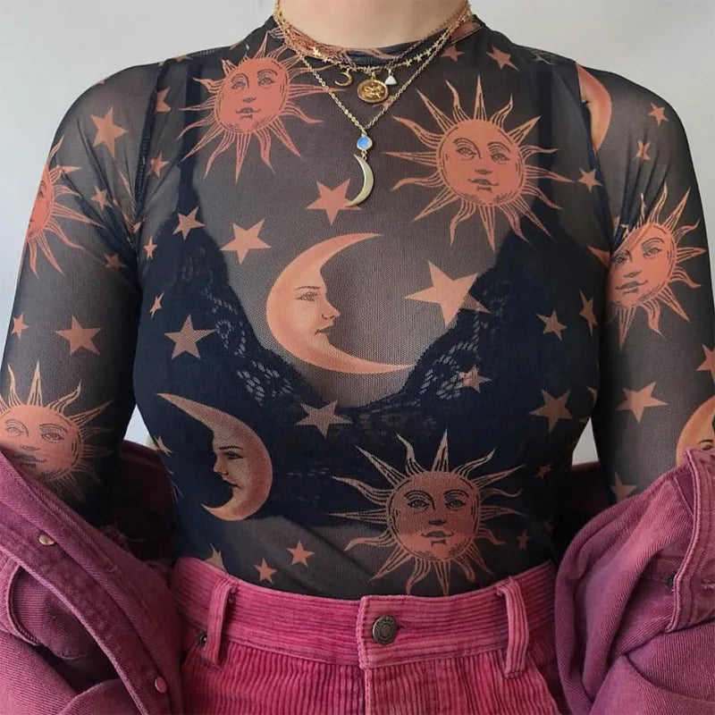 Sun Moon Printed Transparent Mesh Sexy T-Shirt Women O-Neck Long Sleeve Slim Basic Casual Female Tops 2023 Spring New